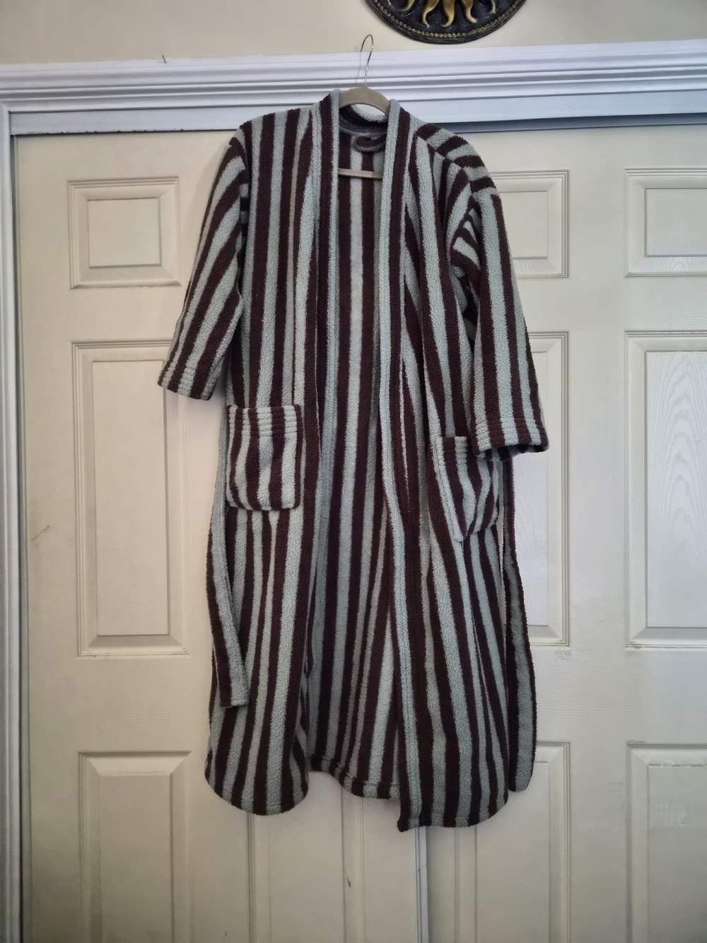 Striped Open-Front Long Knit Bathrobe in Brown and Cream